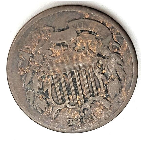 1864 Two Cent Piece 2c Circulated - Picture 1 of 2